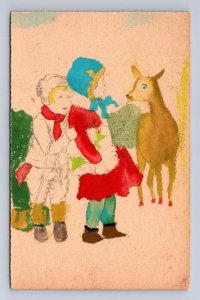 CHILDREN DEER CHRISTMAS TREE HAND DRAWN POSTCARD (c.1910)