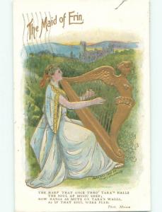 Pre-Linen st. patrick's THOMAS MOORE QUOTE WITH IRISH GIRL PLAYING HARP J4042