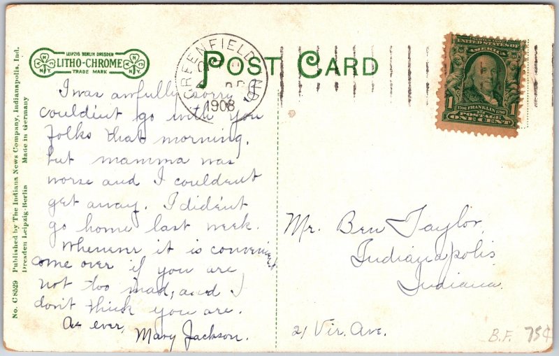 Greenfield Indiana IN, 1908 High School Bldg, Street, Trees, Vintage Postcard