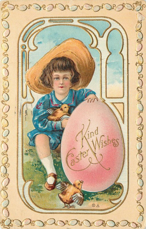 Embossed Postcard Juvenile Easter Wishes Little Boy in Blue With Chicks Egg #20
