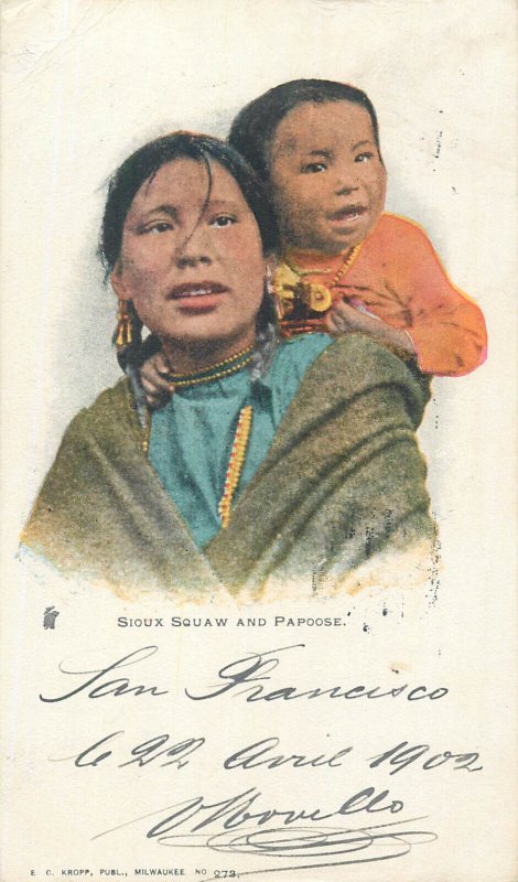 American native ethnic types sioux and papoose 1902 postcard