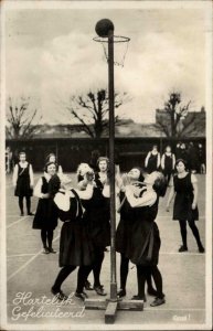 Girls Playing Basketball on Playground Netherlands Real Photo Postcard