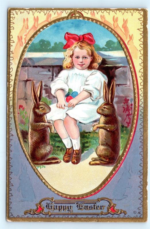 Postcard Easter Happy Easter Rabbits Girl White Dress Red Bow with Eggs 1911 I4