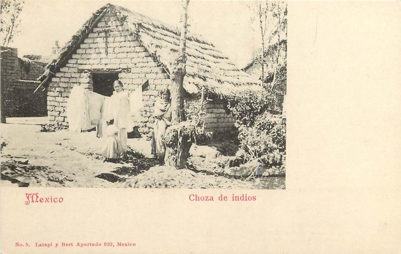 Lithograph Postcard Choza De Indios Mexico Adobe Brick House with  Native Women