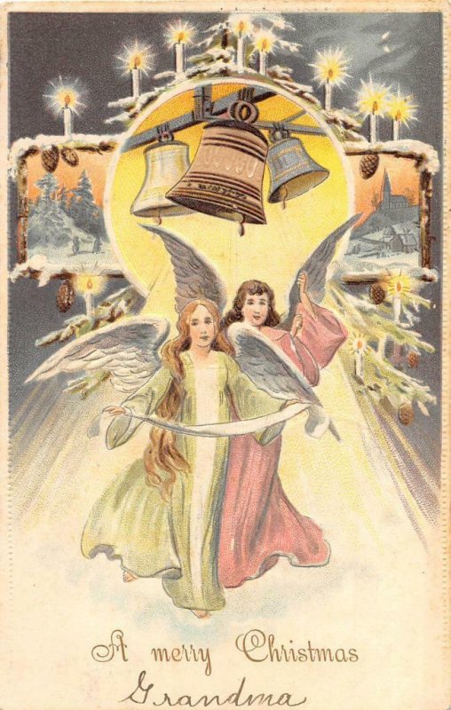 CHRISTMAS GREETINGS ANGELS BELLS CANDLES EMBOSSED POSTCARD 1905