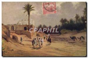 Old Postcard Orientalism Oasis with date palm forest