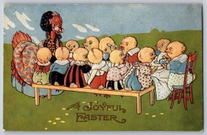 Easter Fantasy~Dressed Mother Hen & Chicks Gather At Dinner Table~Bench~Emboss