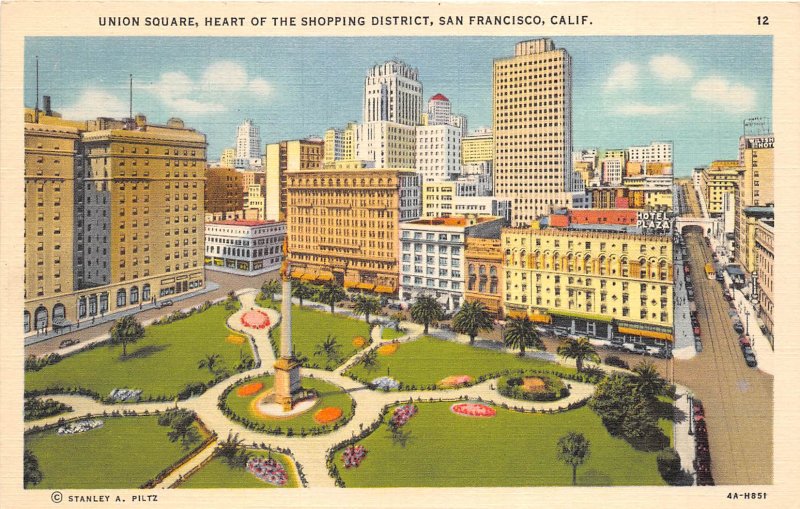 San Francsico California 1940s Postcard Union Square Shopping District