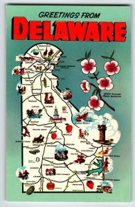 Postcard Greetings From Delaware Map Chrome Unposted Peach Blossom Beach Towns