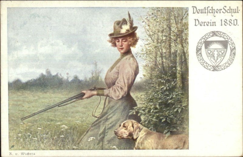 Woman Gun Dog Hunting German Deutscher Schul Verein 1880 c1910 Postcard