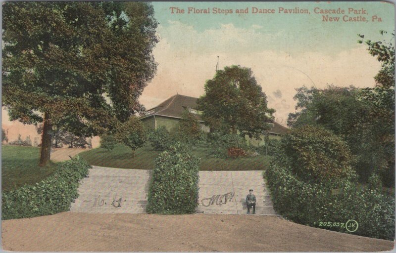 Postcard Floral Steps and Dance Pavilion Cascade Park New Castle PA