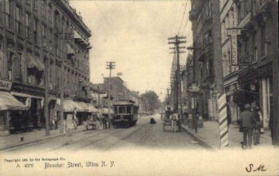 Bleeker Street, Utica, NY, USA Railroad Train Depot 1905 light writing on fro...