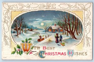 Omaha Nebraska NE Postcard Christmas Wishes Holly Berries Winter Embossed Posted