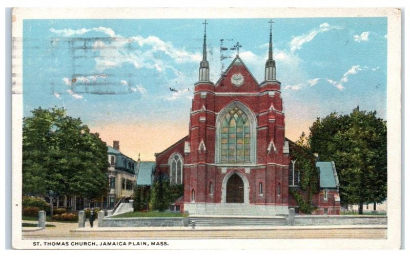 1923 Jamaica Plain, MA, St. Thomas Church Postcard