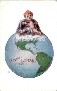 NEW YEAR GREETING   Postcard  BABY on top of GLOBE   c1910s   Postcard