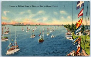 Postcard - Parade of Fishing Boats in Biscayne Bay at Miami, Florida