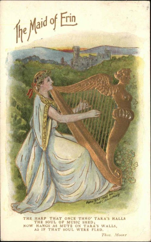 St. Patrick's Day Maid of Eire Legend Folklore Harp Ireland Vintage Postcard