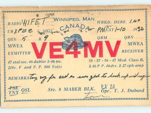 1930s QSL RADIO CARD Winnipeg Manitoba MB AH3268