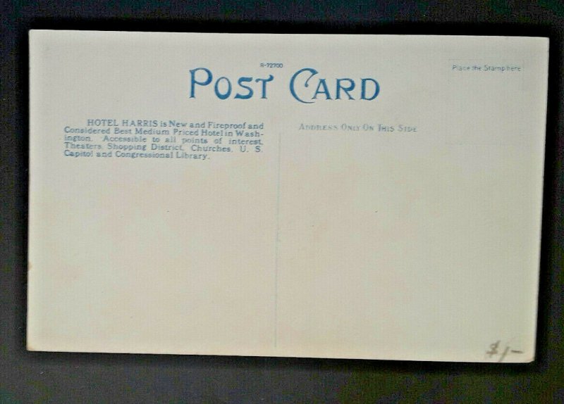 Mint Vintage Washington DC Hotel Harris 1920s Postcard 