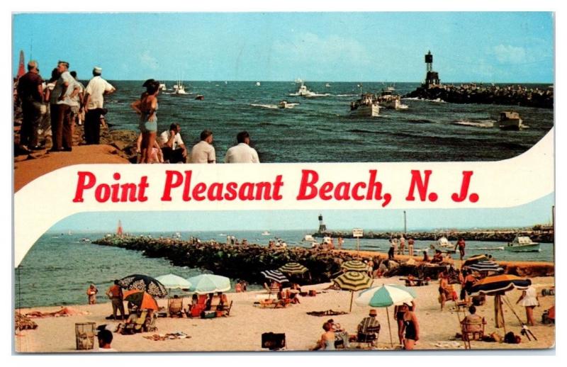 Beach Scene and Fishing from the Jetty, Point Pleasant Beach, NJ Postcard