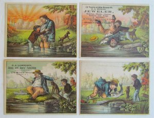 FISHING SET OF 4 COMIC ANTIQUE VICTORIAN TRADE CARDS