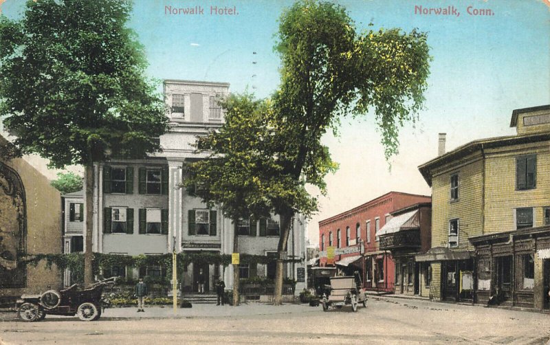 Norwalk CT Hotel Street View Old Cars Storefronts 1912 Postcard