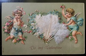 Vintage Victorian Postcard 1907 To My Valentine - Cupids with Feather Heart