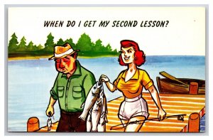 Comic A Woman Excels At Her First Fishing Lesson UNP Chrome Postcard Y16