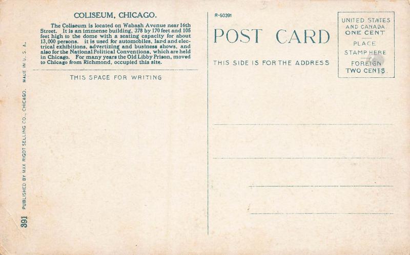 Coliseum, Chicago, Illinois, Early Postcard, Unused