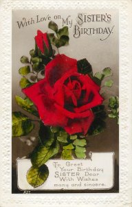 British friendship flowers greetings postcard my sister's birthday red rose