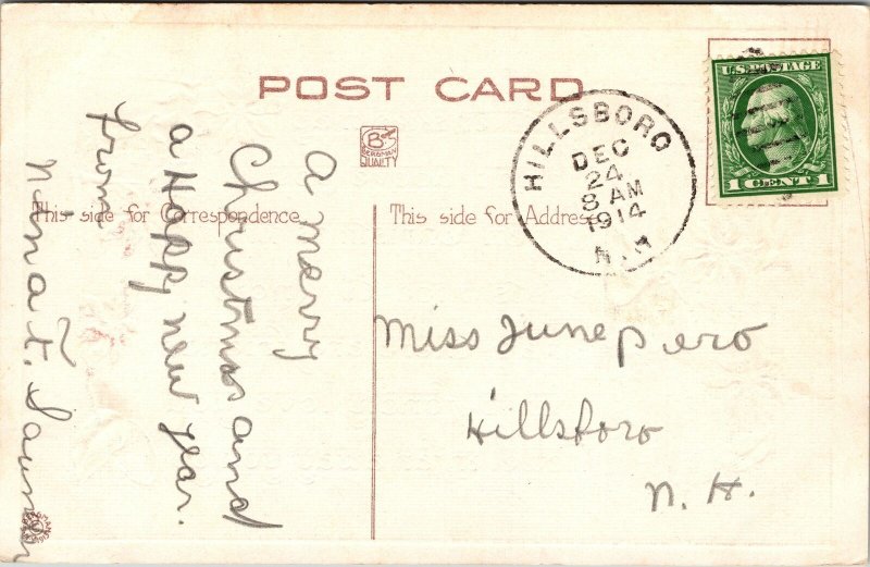 VINTAGE POSTCARD CHRISTMAS GREETINGS MAILED FROM HILLSBORO NEW HAMPSHIRE 1914