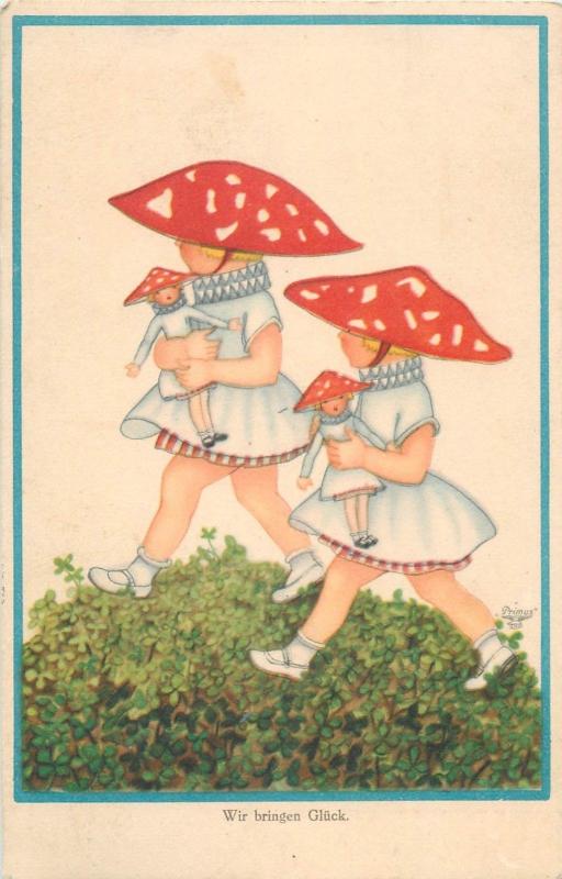 Girls bringing luck mushrooms dolls mushroom fantasy vintage postcard 