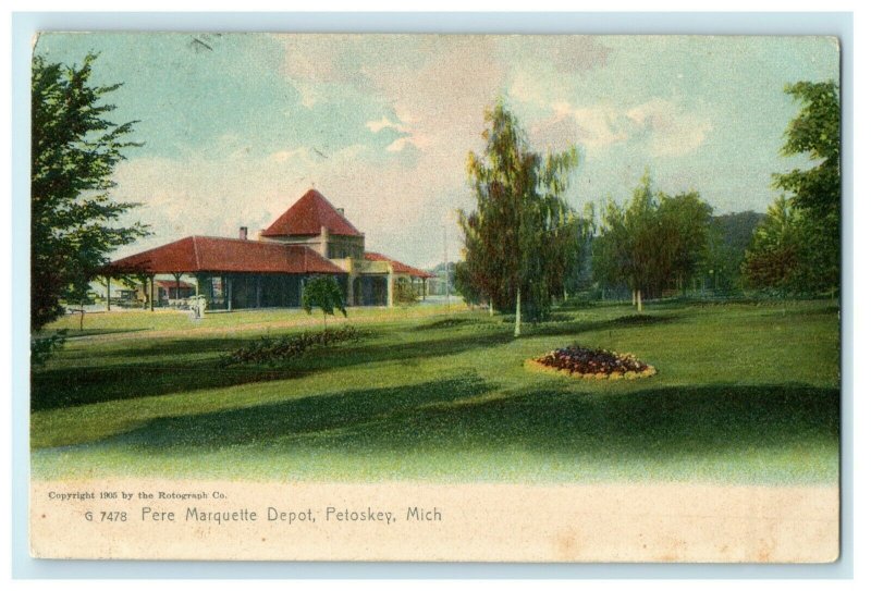 1908 Pere Marquette Depot Petoskey Michigan MI Train Station Postcard 