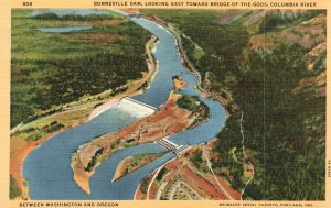 Vintage Postcard 1950's Bonneville Dam Looking East Toward Bridge Of The Gods OR