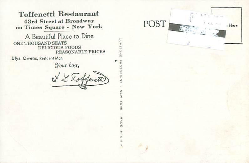 NY 43rd St Toffenetti Restaurant  Ulys Owens, Mg. 2 Views, Vintage Postcard