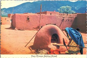 Taos New Mexico Woman Baking Bread Adobe Oven Pueblo Continental Postcard