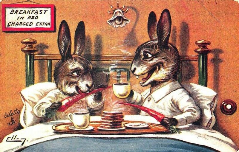 Raphael Tuck Artist ELLAM Breakfast in Bed  Rabbits Postcard