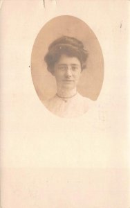 RPPC WOMAN GLASSES CHRISTMAS & NEW YEAR QUINCY ILLINOIS REAL PHOTO POSTCARD 1908