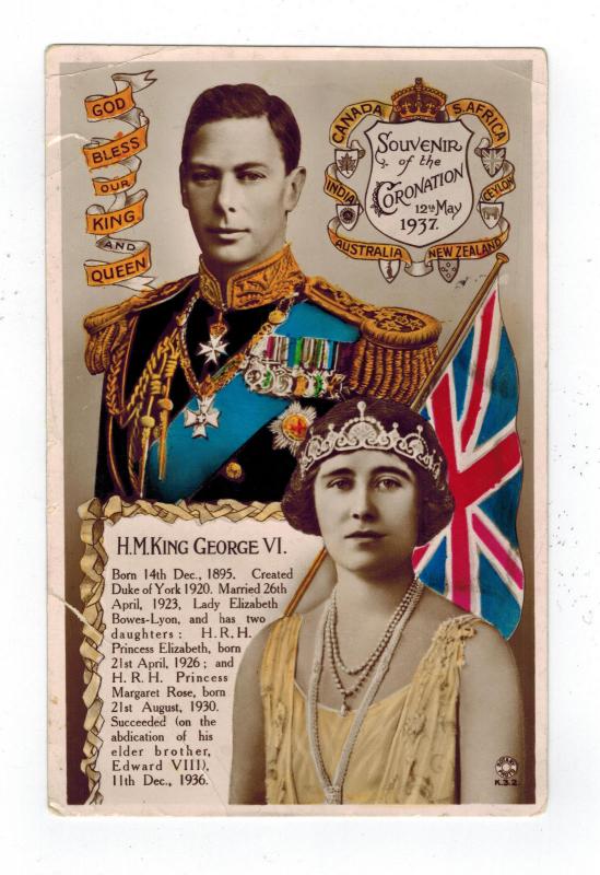 Mint RPPC Postcard King George VI KGVI Cornation Queen ELizabeth 1937