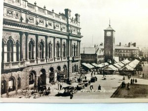 Vintage Postcard Town Hall and Market Square Black Burn Street Scene