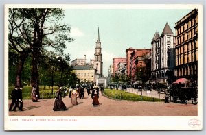 Boston MA~Victorian Pedestrians On Tremont Street Mall~Horses~Detroit Pub~Vtg PC