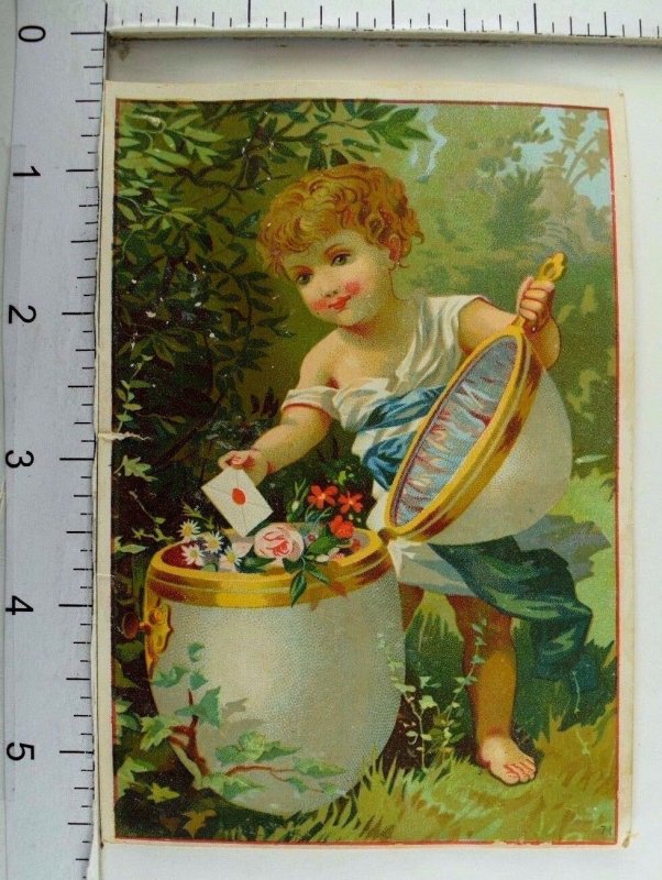 Victorian Easter Trade Card Child Giant Egg Filled With Flowers Letter &F