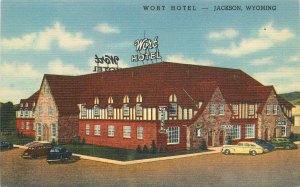 Postcard Wyoming Jackson Wort Hotel Teich autos occupation linen 23-8721