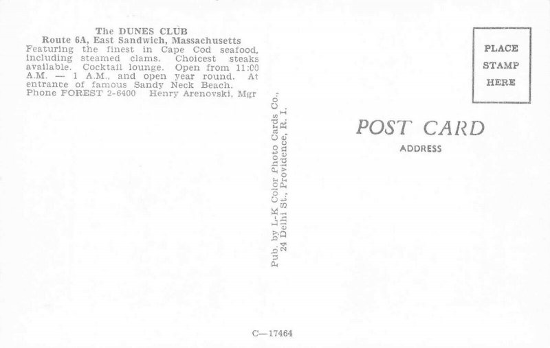 Sandwich Cape Cod MA The Dunes Club Restaurant Postcard