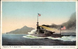 WF Halsall Painting Patriotic American Battleship Oregon c1910 Vintage Postcard