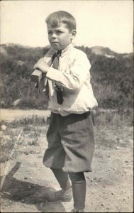 Little Boy in School Uniform Tie Holding Stick Baseball Bat GREAT IMAGE! RPPC