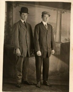 Vintage 1910's RPPC Postcard Studio Portrait Men in Suits Derby Newsboy Cap