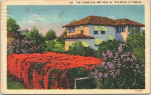 USA The Flame Vine And Spanish Type Home In Florida Linen Postcard 03.47