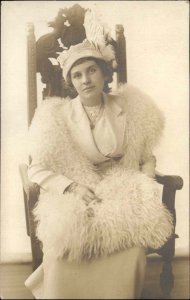 Beautiful Young Woman in Studio Chair Fur Muff Hat Great Fashion c1910 RPPC