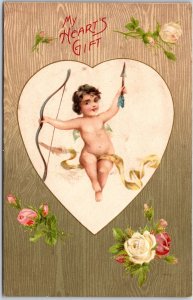 1908 My Heart Gift Cute Little Cupid Valentines Greetings Posted Postcard